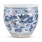 A BLUE AND WHITE AND UNDERGLAZED-RED ‘CRANE AND LOTUS’ FISH JAR QING DYNASTY, 18TH – 19TH CENTURY