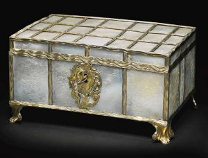 A Continental silver-gilt mounted mother-of-pearl casket, possibly French or German, circa 1760, the mother-of-pearl probably Canton, 19th century