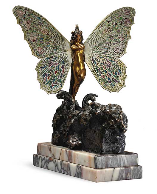 Carl Kauba 1865-1922 A metamorphic patinated and gilt-bronze and pique à jour enamel butterfly Paris, early 20th century