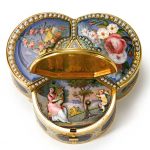 The See-Saw A GOLD ENAMEL AND PEARL TREFOIL MUSICAL AUTOMATON SNUFF BOX WITH WATCH FOR THE CHINESE MARKET THE MOVEMENT ATTRIBUTED TO PIGUET & CAPT GENEVA WITH BOX MAKERS' MARKS FOR RÉMOND, LAMY, MERCIER & CO., 1804-1811