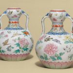 A MAGNIFICENT PAIR OF FAMILLE ROSE 'BUTTERFLY' DOUBLE-GOURD VASES QIANLONG SIX-CHARACTER SEAL MARKS IN UNDERGLAZE BLUE AND OF THE PERIOD (1736-1795)