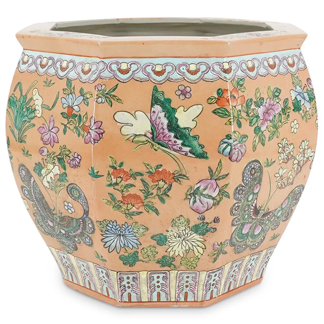 Antique Chinese porcelain planter decorated with polychrome enameled depictions of butterflies